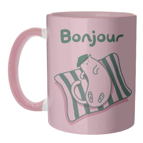 Pink Bonjour Cat - unique mug by Giddy Kipper