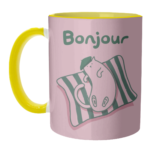Pink Bonjour Cat - unique mug by Giddy Kipper