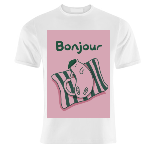 Pink Bonjour Cat - unique t shirt by Giddy Kipper