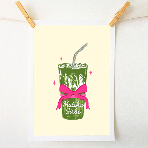 Pink Bows Matcha – Girly Vintage Illustration - A1 - A4 art print by EZbie