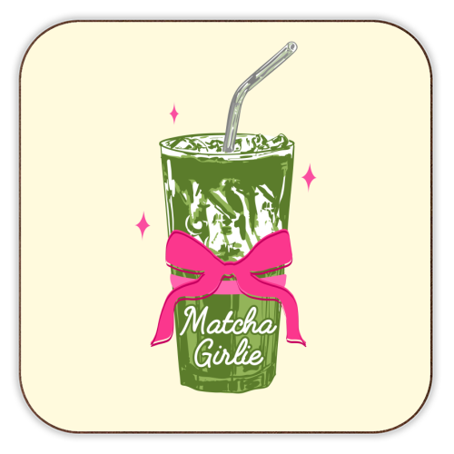 Pink Bows Matcha – Girly Vintage Illustration - personalised beer coaster by EZbie