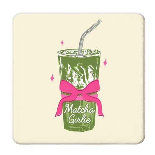 Pink Bows Matcha – Girly Vintage Illustration - personalised beer coaster by EZbie