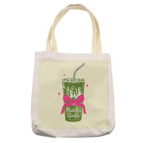 Pink Bows Matcha – Girly Vintage Illustration - printed canvas tote bag by EZbie