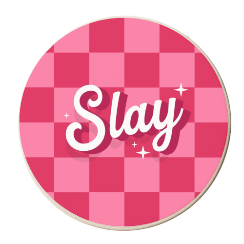 Pink checkerboard slay - personalised beer coaster by The Girl Next Draw