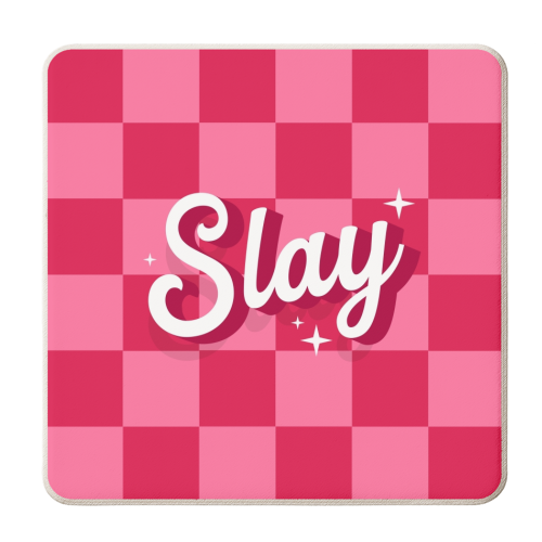 Pink checkerboard slay - personalised beer coaster by The Girl Next Draw