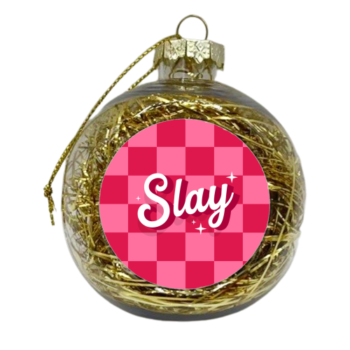 Pink checkerboard slay - xmas bauble by The Girl Next Draw