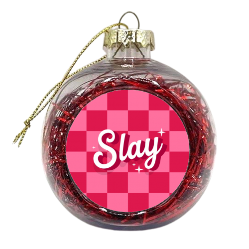 Pink checkerboard slay - xmas bauble by The Girl Next Draw