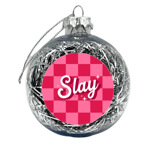 Pink checkerboard slay - xmas bauble by The Girl Next Draw