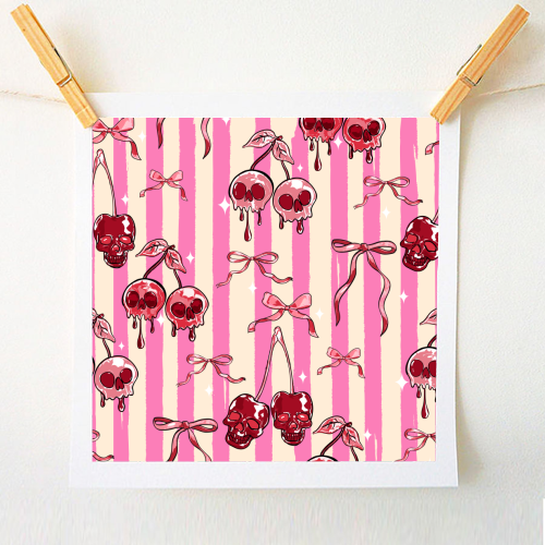 Pink Cherry Skulls Stripes Coquette Bows Illustration - A1 - A4 art print by EZbie