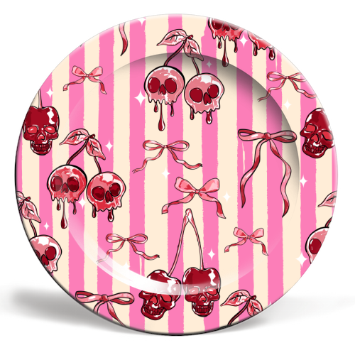Pink Cherry Skulls Stripes Coquette Bows Illustration - ceramic dinner plate by EZbie