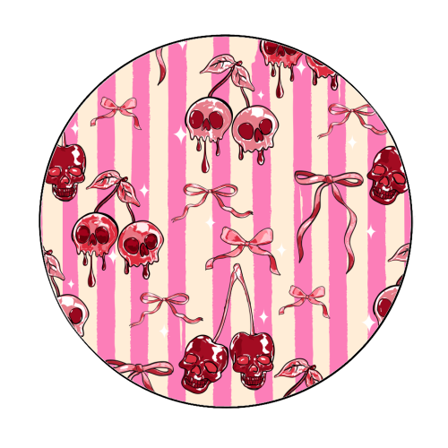 Pink Cherry Skulls Stripes Coquette Bows Illustration - Circle Sticker by EZbie