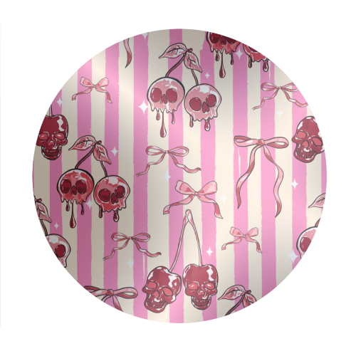 Pink Cherry Skulls Stripes Coquette Bows Illustration - Circle Sticker by EZbie