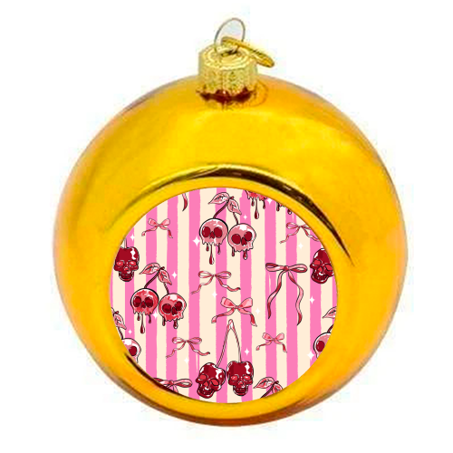 Pink Cherry Skulls Stripes Coquette Bows Illustration - colourful christmas bauble by EZbie