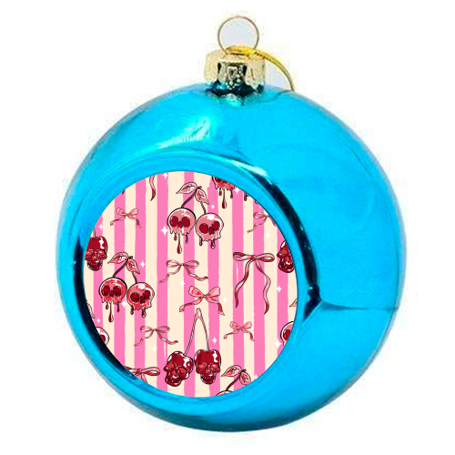 Pink Cherry Skulls Stripes Coquette Bows Illustration - colourful christmas bauble by EZbie