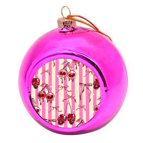 Pink Cherry Skulls Stripes Coquette Bows Illustration - colourful christmas bauble by EZbie