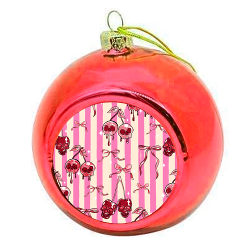 Pink Cherry Skulls Stripes Coquette Bows Illustration - colourful christmas bauble by EZbie