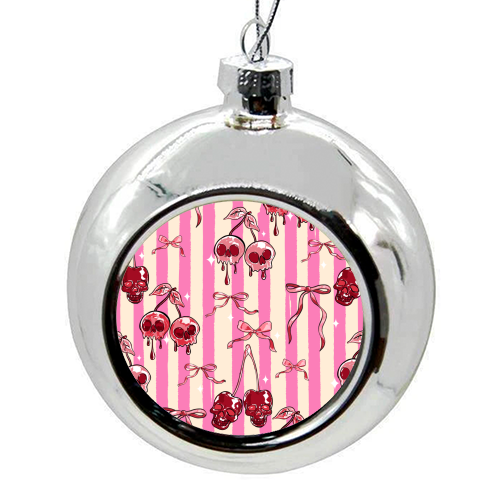Pink Cherry Skulls Stripes Coquette Bows Illustration - colourful christmas bauble by EZbie