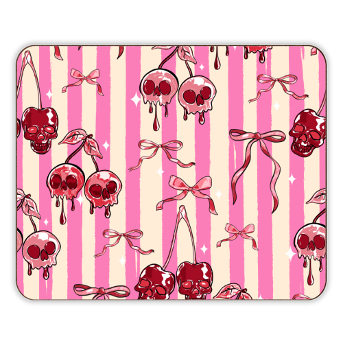 Pink Cherry Skulls Stripes Coquette Bows Illustration - designer placemat by EZbie