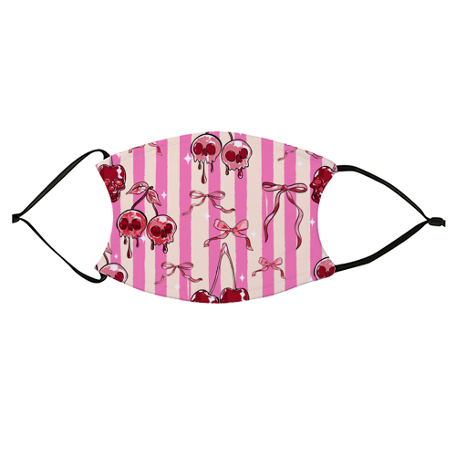 Pink Cherry Skulls Stripes Coquette Bows Illustration - face cover mask by EZbie