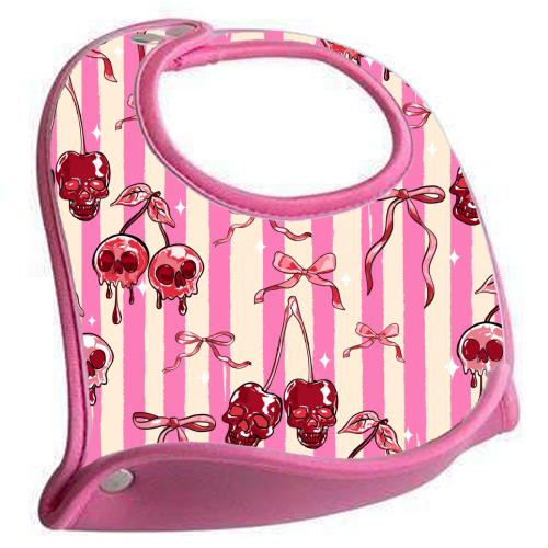 Pink Cherry Skulls Stripes Coquette Bows Illustration - feeding bib by EZbie