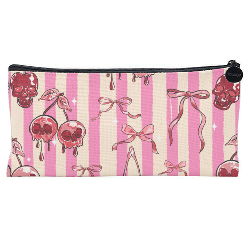 Pink Cherry Skulls Stripes Coquette Bows Illustration - flat pencil case by EZbie