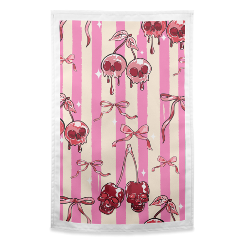 Pink Cherry Skulls Stripes Coquette Bows Illustration - funny tea towel by EZbie