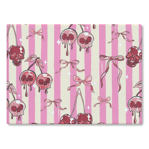 Pink Cherry Skulls Stripes Coquette Bows Illustration - glass chopping board by EZbie