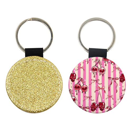 Pink Cherry Skulls Stripes Coquette Bows Illustration - keyring by EZbie