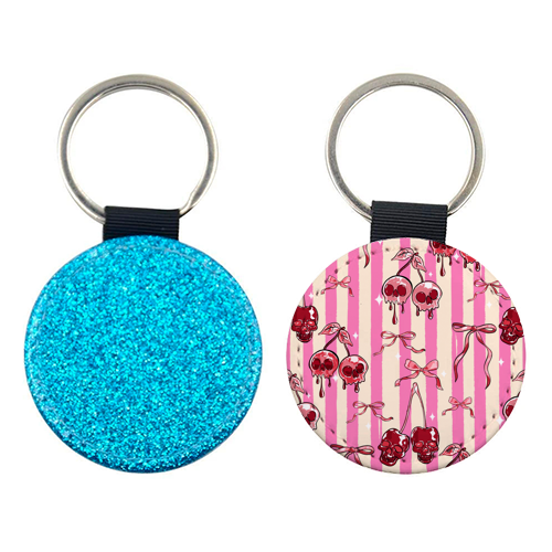 Pink Cherry Skulls Stripes Coquette Bows Illustration - keyring by EZbie