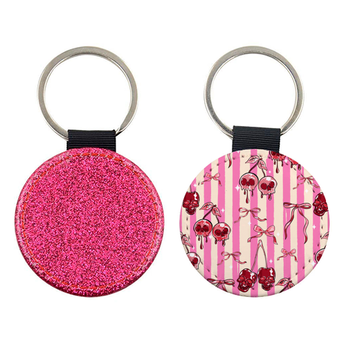Pink Cherry Skulls Stripes Coquette Bows Illustration - keyring by EZbie