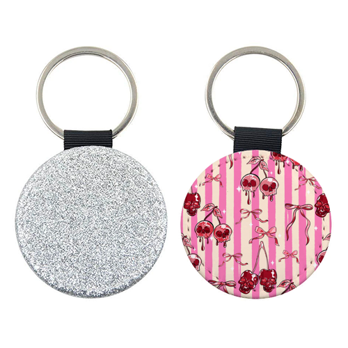 Pink Cherry Skulls Stripes Coquette Bows Illustration - keyring by EZbie