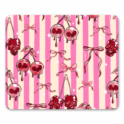 Pink Cherry Skulls Stripes Coquette Bows Illustration - mouse mat by EZbie