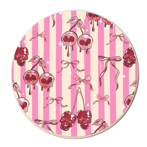 Pink Cherry Skulls Stripes Coquette Bows Illustration - personalised beer coaster by EZbie