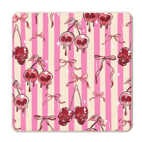 Pink Cherry Skulls Stripes Coquette Bows Illustration - personalised beer coaster by EZbie