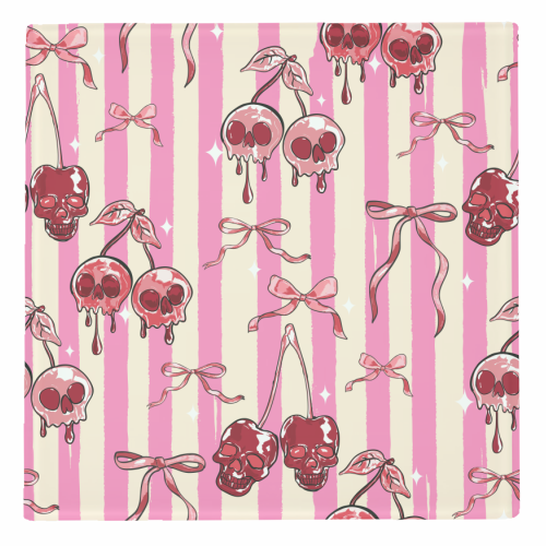 Pink Cherry Skulls Stripes Coquette Bows Illustration - personalised beer coaster by EZbie