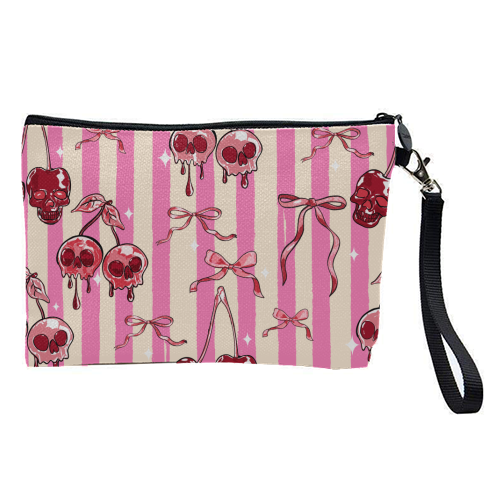 Pink Cherry Skulls Stripes Coquette Bows Illustration - pretty makeup bag by EZbie