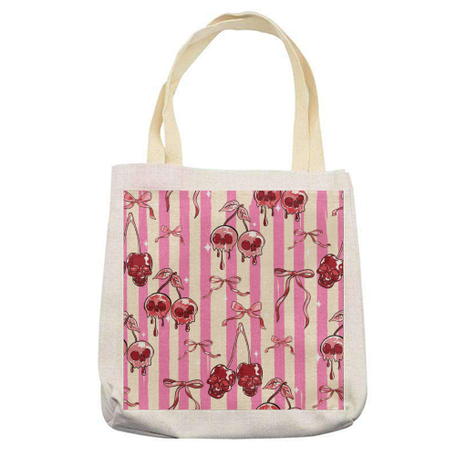 Pink Cherry Skulls Stripes Coquette Bows Illustration - printed canvas tote bag by EZbie
