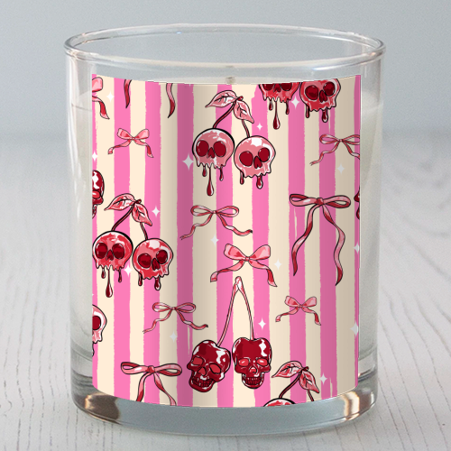 Pink Cherry Skulls Stripes Coquette Bows Illustration - scented candle by EZbie
