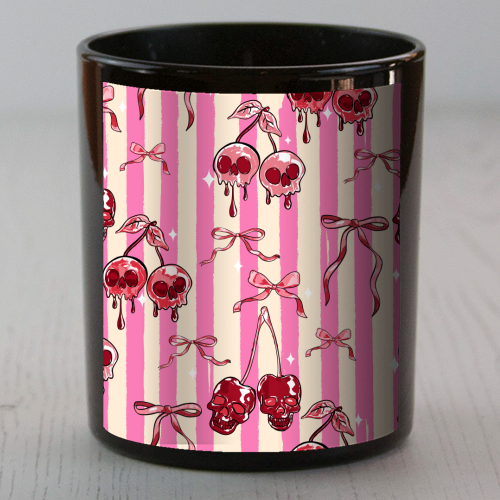 Pink Cherry Skulls Stripes Coquette Bows Illustration - scented candle by EZbie