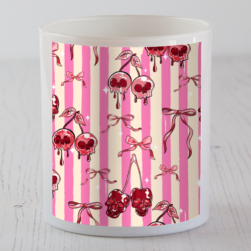 Pink Cherry Skulls Stripes Coquette Bows Illustration - scented candle by EZbie