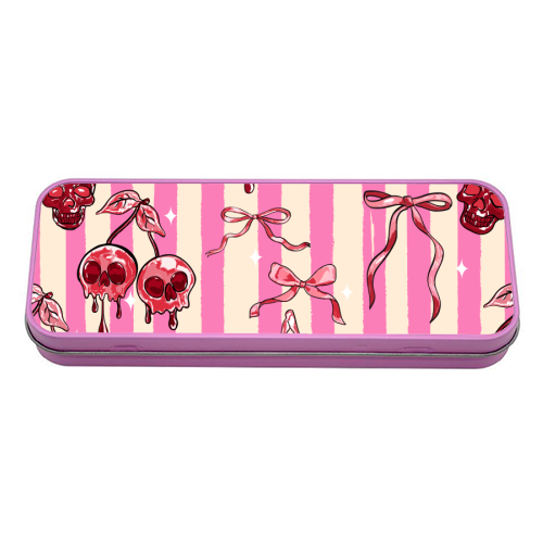 Pink Cherry Skulls Stripes Coquette Bows Illustration - tin pencil case by EZbie