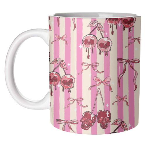 Pink Cherry Skulls Stripes Coquette Bows Illustration - unique mug by EZbie