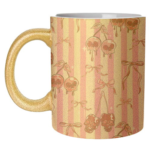 Pink Cherry Skulls Stripes Coquette Bows Illustration - unique mug by EZbie