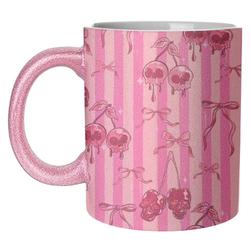 Pink Cherry Skulls Stripes Coquette Bows Illustration - unique mug by EZbie