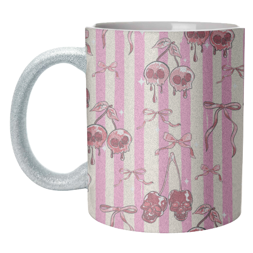 Pink Cherry Skulls Stripes Coquette Bows Illustration - unique mug by EZbie