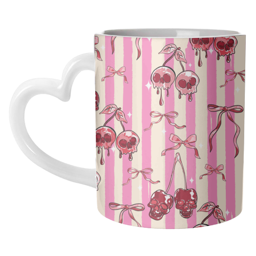 Pink Cherry Skulls Stripes Coquette Bows Illustration - unique mug by EZbie