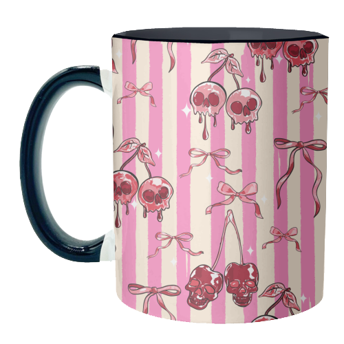 Pink Cherry Skulls Stripes Coquette Bows Illustration - unique mug by EZbie