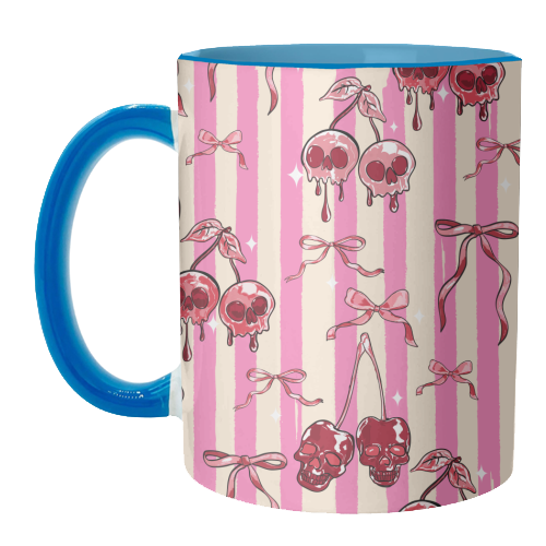 Pink Cherry Skulls Stripes Coquette Bows Illustration - unique mug by EZbie