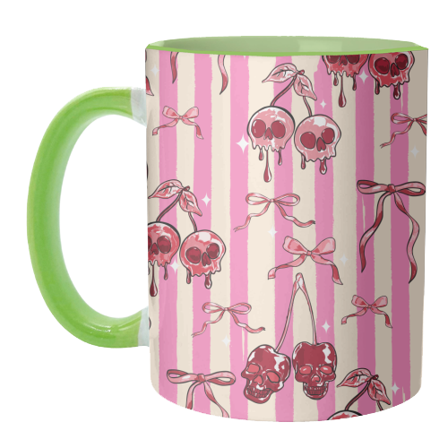 Pink Cherry Skulls Stripes Coquette Bows Illustration - unique mug by EZbie