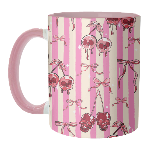 Pink Cherry Skulls Stripes Coquette Bows Illustration - unique mug by EZbie